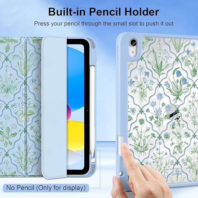 DONGKE Case for iPad (A16) 11th Generation 11 inch 2025 &amp iPad 10th Gen 10.9 inch 2022 [Built-in Pencil Holder] Clear Acrylic Back Trifold Stand Smart Cover Auto Sleep/Wake Lattice Floral