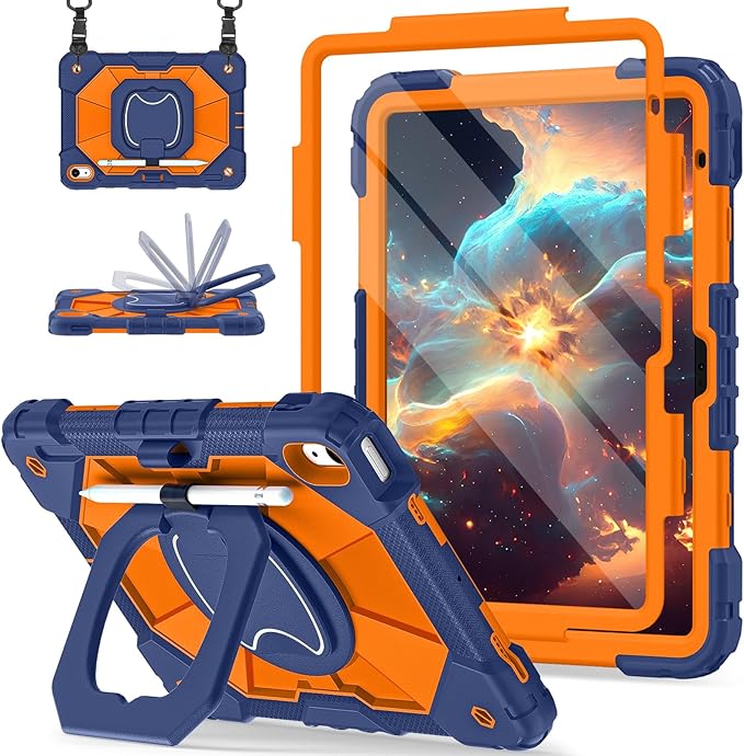 Case for iPad (A16) 11th Generation 11 Inch (2025) / iPad 10th Generation Case 10.9 Inch (2022) with 360° Rotating Stand Screen Protector Pen Holder Shoulder Strap Navy Orange