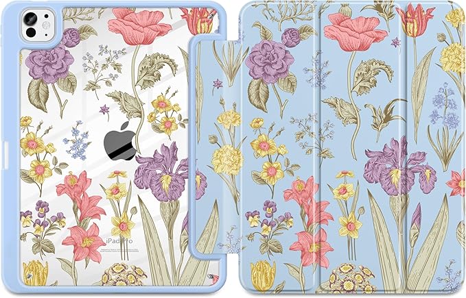 DONGKE for iPad Pro 11-Inch Case (M5 2025 / M4 2024) 6th/5th Generation [Auto Sleep/Wake &amp Pencil Pro Holder] Clear Acrylic Back Smart Trifold Stand Cover Blue Botanical Floral