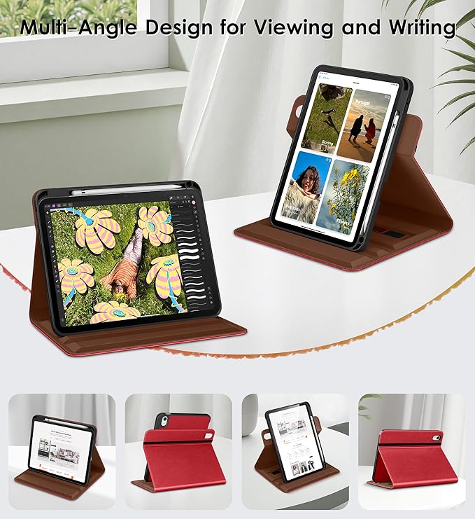 DTTO for iPad A16 Case iPad 11th / 10th Generation Case (2025/2022) 360 Degree Rotating Premium Leather Folio Stand Cover with Pencil Holder Red