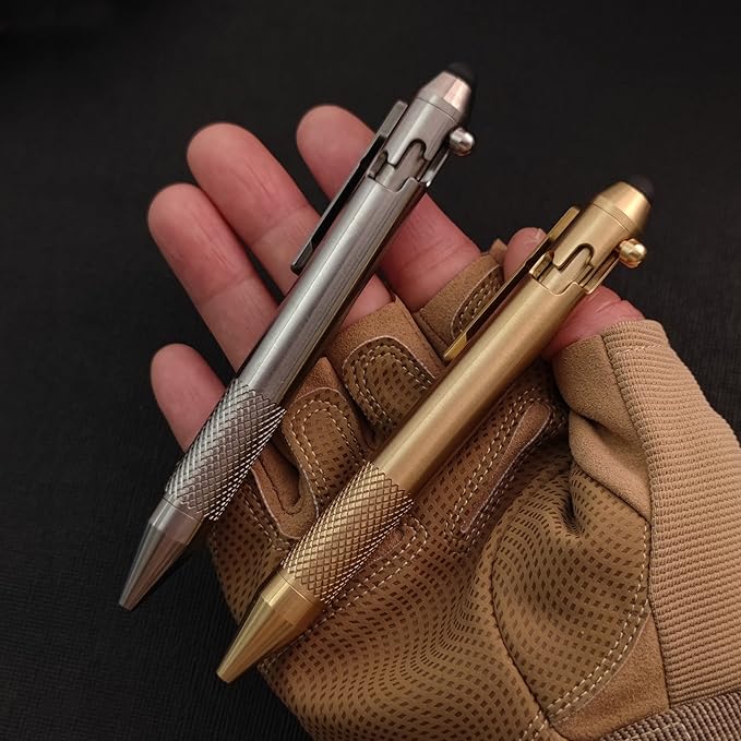 Cool Hand 4.9'' Brass Bolt Action Pen with Retractable Stylus Tip for Any Touch Screen Ballpoint Ink Refillable Compact Size Skelton Out Deep Pocket Clip (Brass)