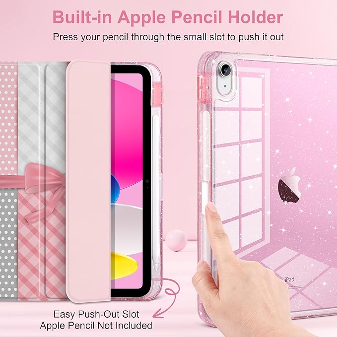 MEEgoodo Case for iPad A16 11th Generation 2025/10th Generation 2022 Glitter Tablet Cases with Transparent Acrylic Back+Trifold Stand +Pencil Holder+Auto Wake/SleepMixed-Style Pink Bow