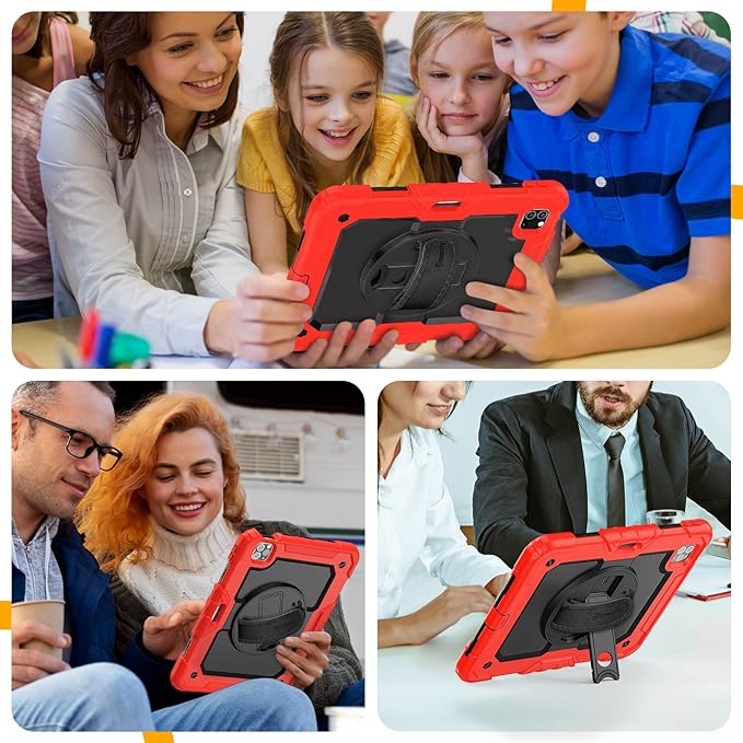 Timecity Case for iPad Pro 11 inch 4th/3rd/2nd/1st Generation 2022/2021/2020/2018 Heavy Duty Protective Case with Screen Protector Swivel Stand Hand/Shoulder StrapPencil Holder Case- Red