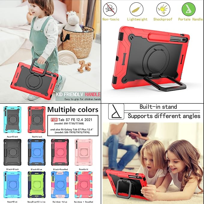 Stand Case for Samsung Galaxy Tab S8 Plus 2022/Tab S7 FE 5G 2021/Tab S7 Plus 2020 Case 12.4 inch 360 Degree Rotating Kickstandwith Hand/Shoulder Strap Rugged Shockproof Cover Red &amp Black