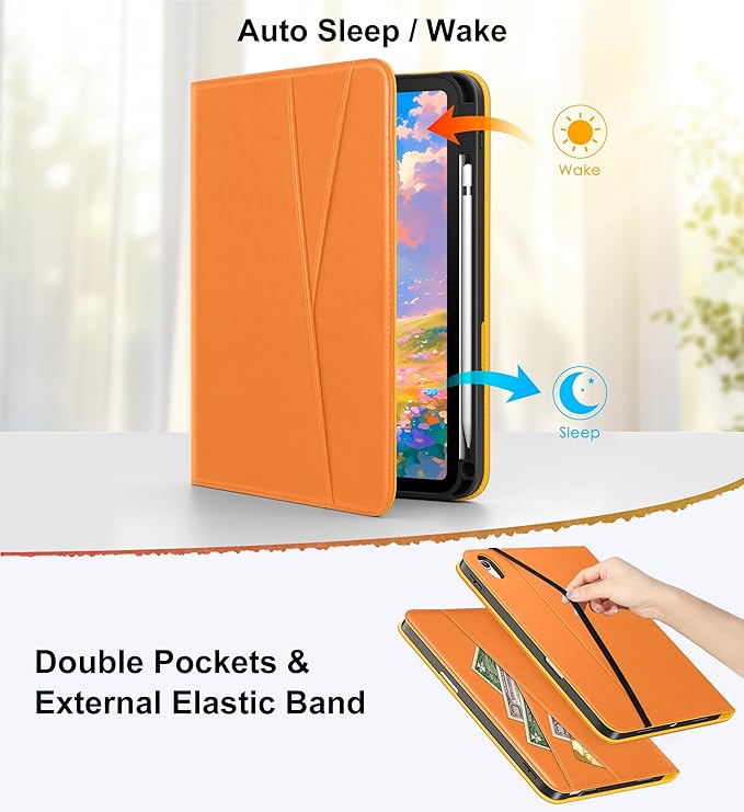 DTTO for iPad A16 Case iPad 11th / 10th Generation Case (2025/2022) 360 Degree Rotating Premium Leather Folio Stand Cover with Pencil Holder Orange