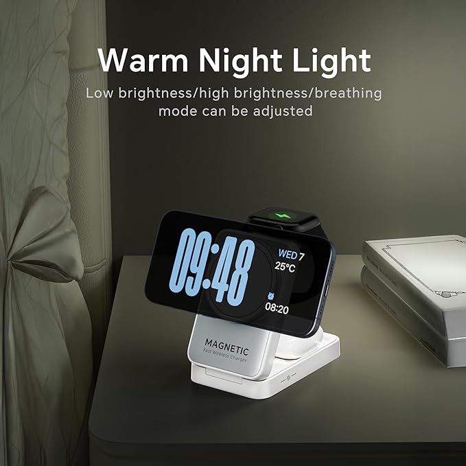 MALOM W91 3-in-1 Multifunctional Wireless Magnetic Charger for iPhone Apple Watch AirPods Foldable Nightlight (White)