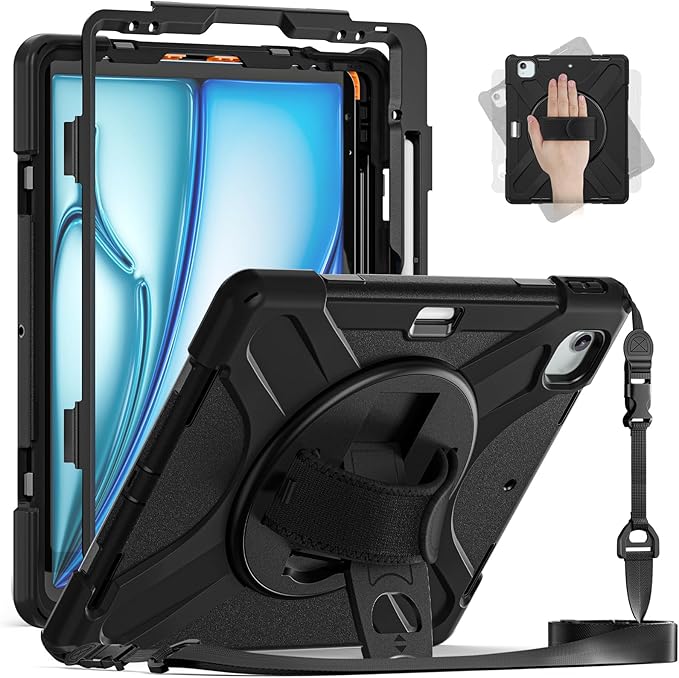 Batianda Case for iPad Air 13 inch 2025 2024 M3/M2 Chip Heavy Duty Rugged Durability Silicone Tablet Cover with 360° Rotating Hand Strap Foldable Hidden Stand &amp Shoulder Strap Black