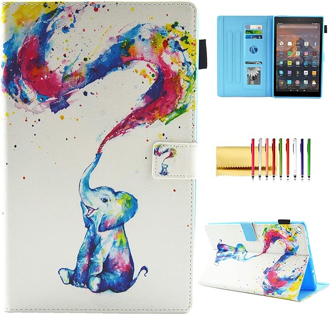 Case for Fire HD 8 (8th/7th/6th Generation 2018/2017/2016) Techcircle Multi-Angle View Stand Cute Pattern Slim Folding Leather Protective Cover with Card Slots Smart Sleep/Wake Colorful Elephant