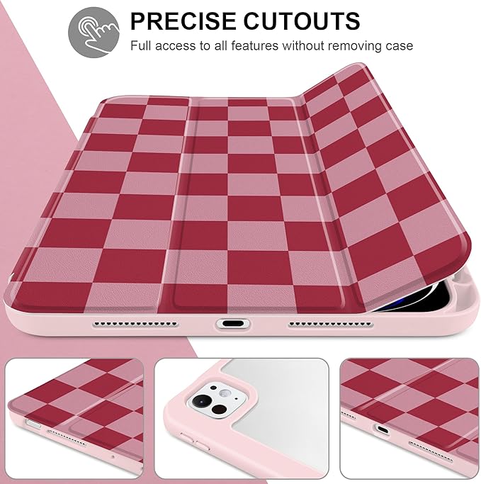 TWOLSKOO Case for iPad Pro 11-inch (M5 2025 / M4 2024) Clear Acrylic Back with TPU Bumper Pencil Holder Trifold Stand Auto Sleep/Wake Pink Checkerboard