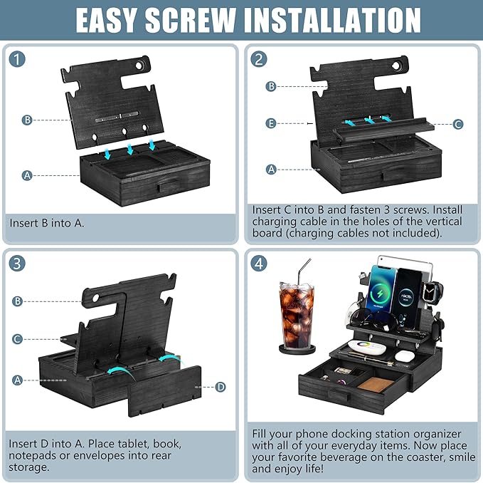 Black Wood Phone Docking Station for up to 3 Phones - Nightstand Organizer with Drawer for Valuables for Men &amp Women Compatible With Apple Watch Holds Phones Tablets Keys Rings Glasses EDC