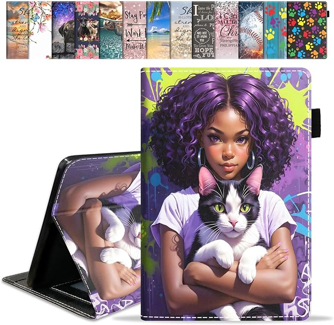 Case for Amazon Kindle Fire HD 10 &amp 10 Plus Tablet 10.1 (13th/11th Generation 2023/2021 Release) - Premium PU Leather Cover with Auto Sleep Wake African American Girl Cat