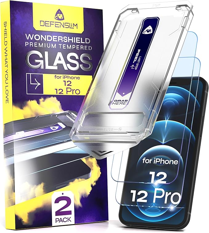 Defenslim for iPhone 12 &amp 12 PRO Screen Protector (2Pack) Easy Auto-Dust &amp Align Install Kit 6.1 Tempered Glass 9H Hardness Ultra HD Clear Case Friendly WonderShield