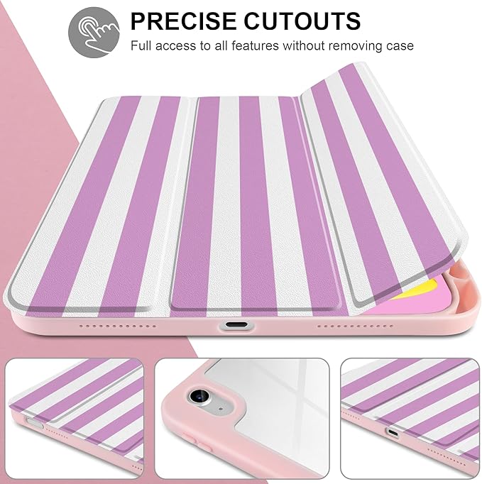 DONGKE Case for iPad (A16) 11th Generation 11 inch 2025 &amp iPad 10th Gen 10.9 inch 2022 [Built-in Pencil Holder] Clear Acrylic Back Trifold Stand Smart Cover Auto Sleep/Wake Lilac Stripes