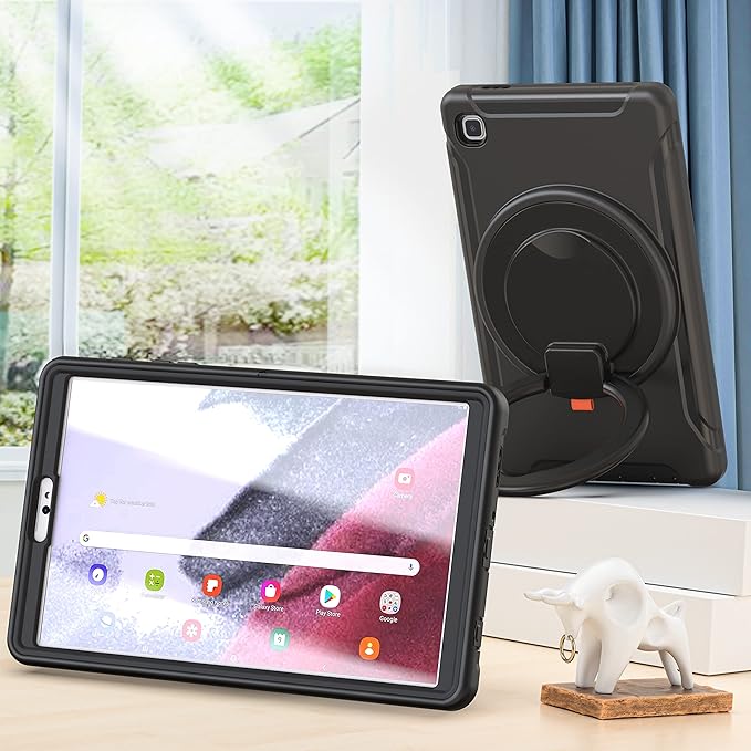 Shockproof Case for Samsung Galaxy Tab A7 Lite 8.7 Tablet Techcircle Rotating Stand Handle Heavy Duty Bumper Hybrid Cover Protective Case for Galaxy Tab A7 Lite (2021) SM-T220/T225 Black