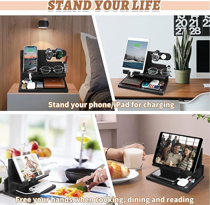 Gifts for Men Wood Phone Docking Station for Men Nightstand Organizer Gifts for Dad Charging Station Cell Phone Stand Desk Organizer Gifts for Husband Boyfriend Brother Son (Black)