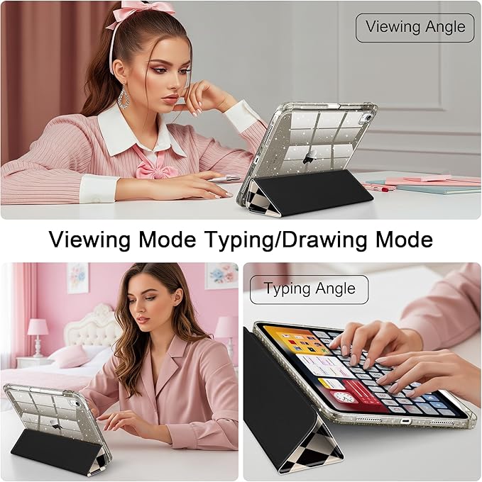 DONGKE for iPad Pro 11 inch Case – Fits M5 2025 / M4 2024 Shockproof Sparkling Glitter Acrylic Back Pencil Holder Trifold Stand Auto Sleep/Wake &amp Touch ID Support - Argyle Pattern