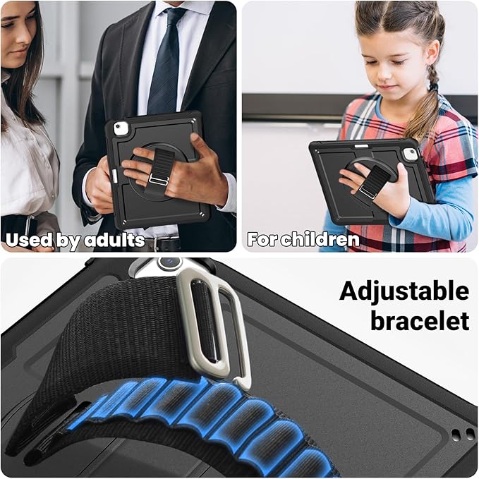 Batianda Case for iPad Air 13-inch 2025 M3 2024 M2 Chip Multilayered Rugged Durable Shockproof Tablet Cover with 360° Rotating Hand Strap Foldable Hidden Stand Black