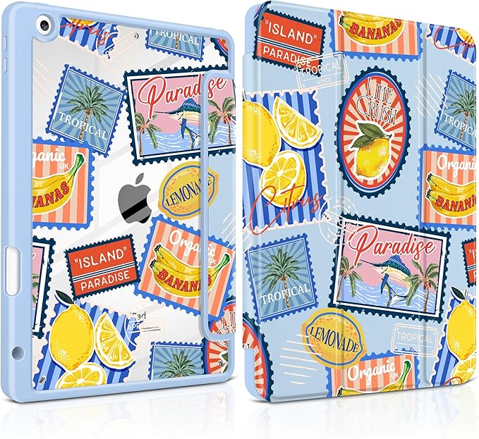 MEEgoodo Case for iPad 10.2 inchTablet Cases for iPad 9th Generation 2021/8th Gen 2020/7th Gen 2019 with Clear Acrylic Back Shell+Pencil Holder+Auto Wake/Sleep+Trifold Stand Retro Tropical Pattern