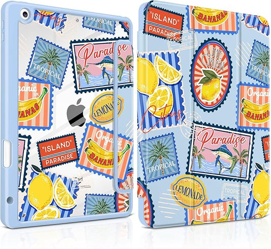 MEEgoodo Case for iPad 10.2 inchTablet Cases for iPad 9th Generation 2021/8th Gen 2020/7th Gen 2019 with Clear Acrylic Back Shell+Pencil Holder+Auto Wake/Sleep+Trifold Stand Retro Tropical Pattern