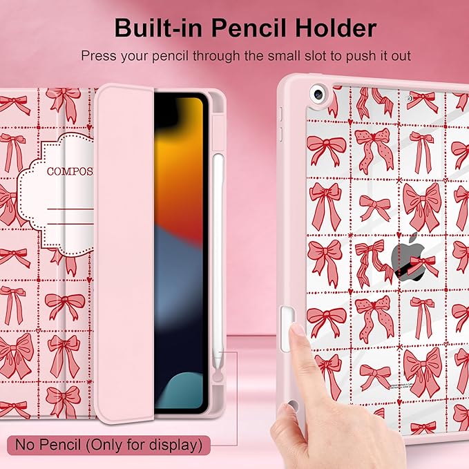 DONGKE for iPad 9th/8th/7th Generation Case 10.2 Inch (2021/2020/2019) [Auto Sleep/Wake &amp Pencil Holder] Clear Acrylic Back Trifold Stand Cover Bow Composition Book