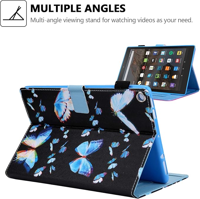 Folio Case for Amazon Fire HD 10 Tablet (5th/7th/9th Generation) Slim Fit Stand Magnetic Soft TPU Back Smart Cover for All-New Fire HD 10 2015/2017/2019 Sleep Mode Blue Butterflies