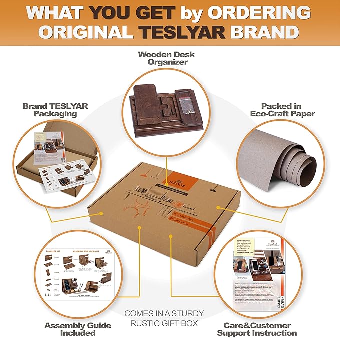 TESLYAR Wood Phone Docking Station for Men - Desk or Nightstand Organizer - Birthday Gifts for Husband Dad - Anniversary Idea from Wife - Key Holder Stand Wallet Watch &amp Essentials (Bourbon Bro