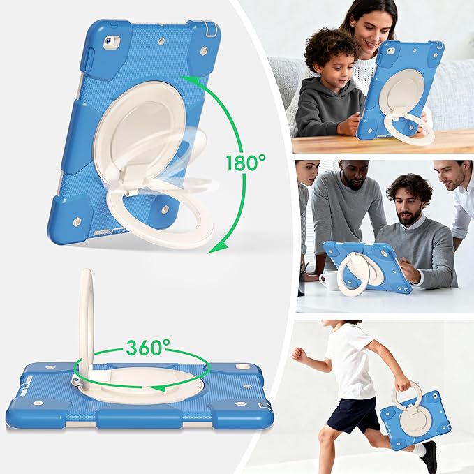 Case for iPad 9th/8th/7th Generation 10.2 inch Shockproof Cover with Screen Protector/360° Rotate Stand/Pencil Holder/Shoulder Strap Kids Case for iPad 2021/2020/2019 (Blue+White)