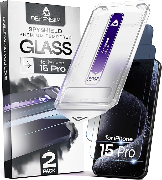 Defenslim for iPhone 15 Pro Privacy Screen Protector (2Pack) Easy Auto-Dust &amp Align Install Kit 6.1 Tempered Glass 9H Hardness Privacy Protection Case Friendly SpyShield