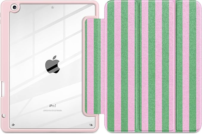 DONGKE for iPad 9th/8th/7th Generation Case 10.2 Inch (2021/2020/2019) [Auto Sleep/Wake &amp Pencil Holder] Clear Acrylic Back Trifold Stand Cover Green Stripes