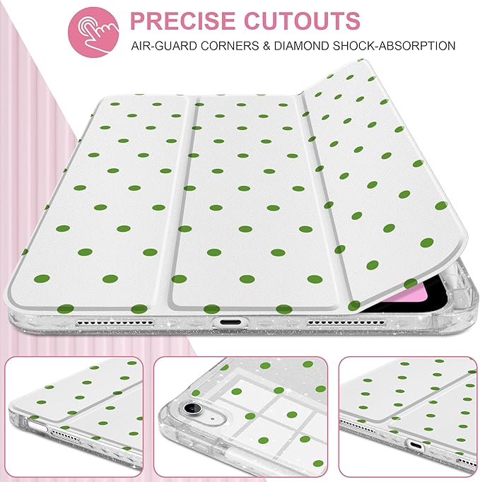 MEEgoodo Case for iPad A16 11th Generation 2025/10th Generation 2022 Glitter Tablet Cases with Transparent Acrylic Back+Trifold Stand +Pencil Holder+Auto Wake/SleepGreen Polka Dots