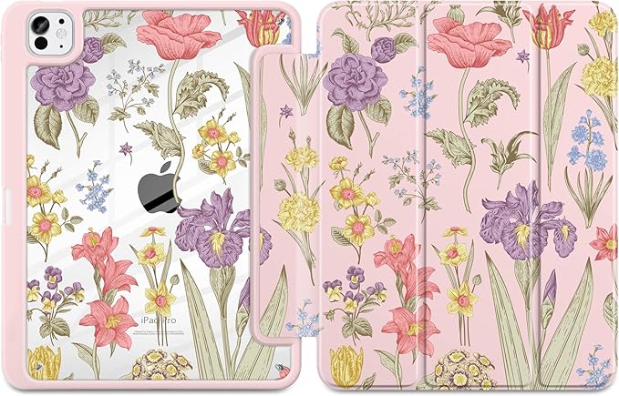 DONGKE for iPad Pro 11-Inch Case (M5 2025 / M4 2024) 6th/5th Generation [Auto Sleep/Wake &amp Pencil Pro Holder] Clear Acrylic Back Smart Trifold Stand Cover Pink Botanical Floral