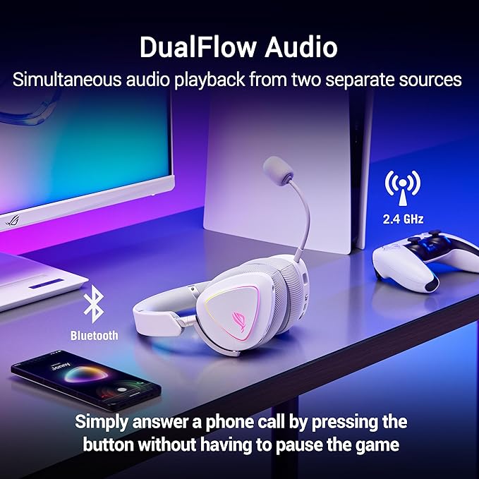 ASUS ROG Delta II Wireless Gaming Headset with Detachable Mic – Tri-Mode (BT 2.4GHz 3.5mm) 50mm Titanium-Plated Drivers 110Hr Battery Lightweight for PC PS5 PS4 Xbox Switch Mobile - White