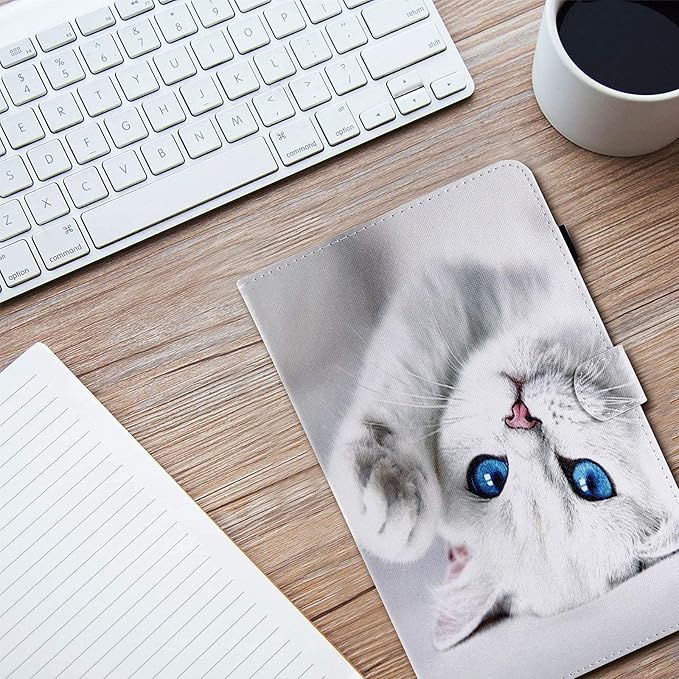 for Amazon Kindle Fire HD 10 Case 9th/7th/5th Generation (2019/2017/2015) 10.1 with Stand/Pencil Holder/Pockets [Auto Wake/Sleep] Magnetic Smart PU Leather Wallet Cover White Kitten Cat