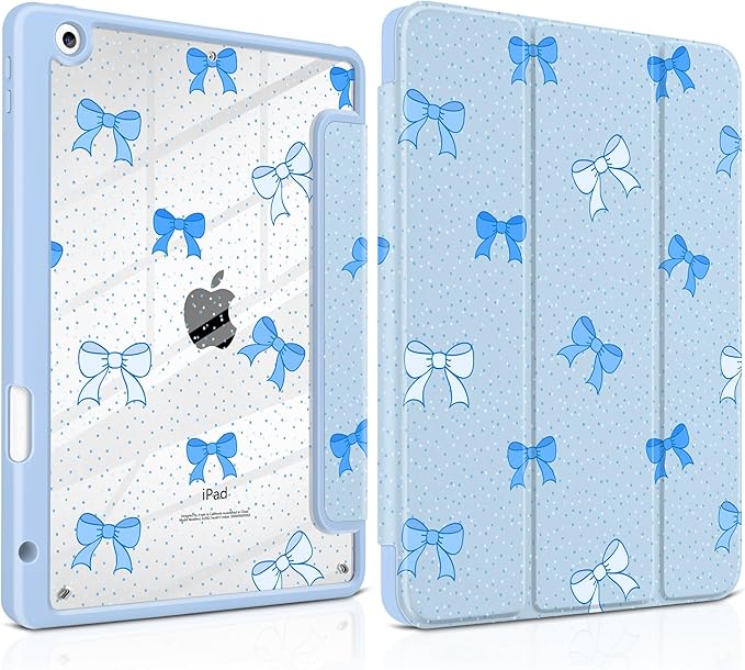 MEEgoodo Case for iPad 10.2 inchTablet Cases for iPad 9th Generation 2021/8th Gen 2020/7th Gen 2019 with Clear Acrylic Back Shell+Pencil Holder+Auto Wake/Sleep+Trifold Stand Blue Polka Dots &amp Bo