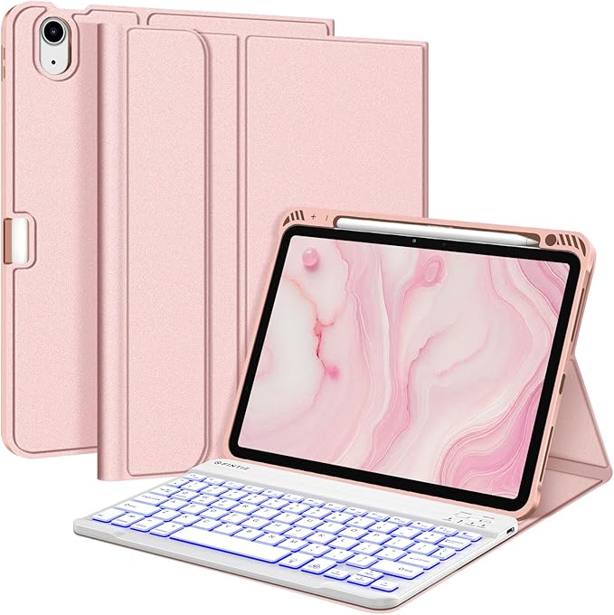Fintie Backlit Keyboard Case for iPad Air 11-inch M4/M3/M2 (2026/2025/2024) iPad Air 5th/4th Gen 10.9 Inch - Soft TPU Cover with 7 Color Backlight Detachable Bluetooth Keyboard Rose Gold