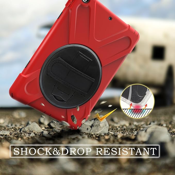 iPad Air 1474 Case 2013 | TSQ iPad Air Case 1st Generation Shock Dropproof Plastic Bumper Rubber Hard Cover w/Rotating Stand Handle Grip Shoulder Strap for Kids Clildren for Apple iPad Air 1 Red