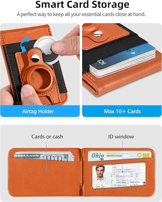 ExtreLife For Magsafe Wallet Stand with Airtag Holder Strongest Magnetic Wallet for iPhone 17/16/15/14/13/12 Series ID Window 4 Card Slots 10 Cards Holder Vegan Leather RFID Blocking Orange