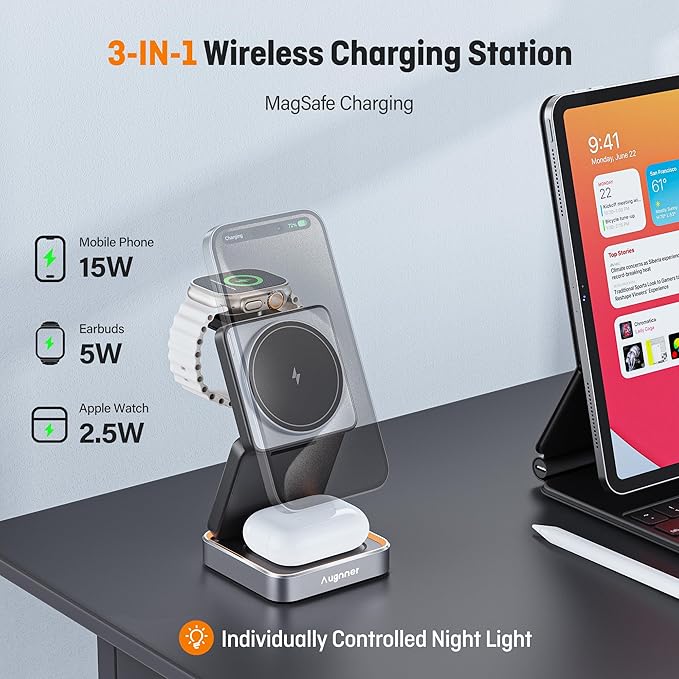 【2026 Upgraded】Wireless Charger 3 in 1 Foldable Wireless Charging Station with Night Light for Apple MagSafe Charger Travel Magnetic Charger Stand Nightstand Fast 15W Charging Station (20W Adapter)
