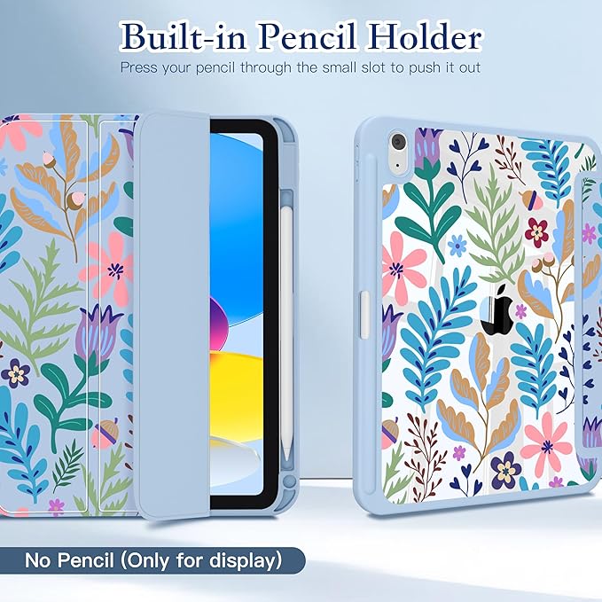 CISSOOK for iPad (A16) 11 inch Case 2025 /iPad 10th Generation 10.9 inch 2022 with Pencil Holder Trifold Stand with Soft TPU + PC Transparent Hard Shell Back Cover Blue Flora
