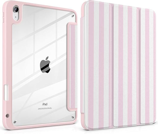 Case for iPad (A16) 11th Generation 11 inch 2025 /iPad 10th Gen 10.9 2022 - Cute Pink White Striped Trifold Cover with Clear Back Auto Sleep/WakeAesthetic Soft Protective Skin for Girls Women