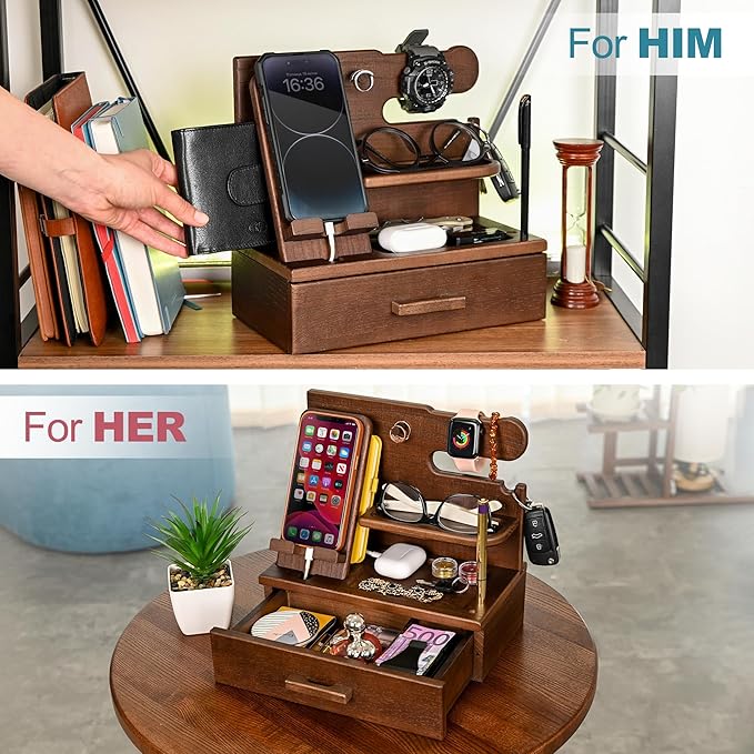 TESLYAR Wood Phone Docking Station with Drawer - Nightstand Organizer - Desk Organizer for Husband - Birthday Gifts for Men Dad Anniversary Idea Key Holder Stand Watch &amp Accessories (Antique Br