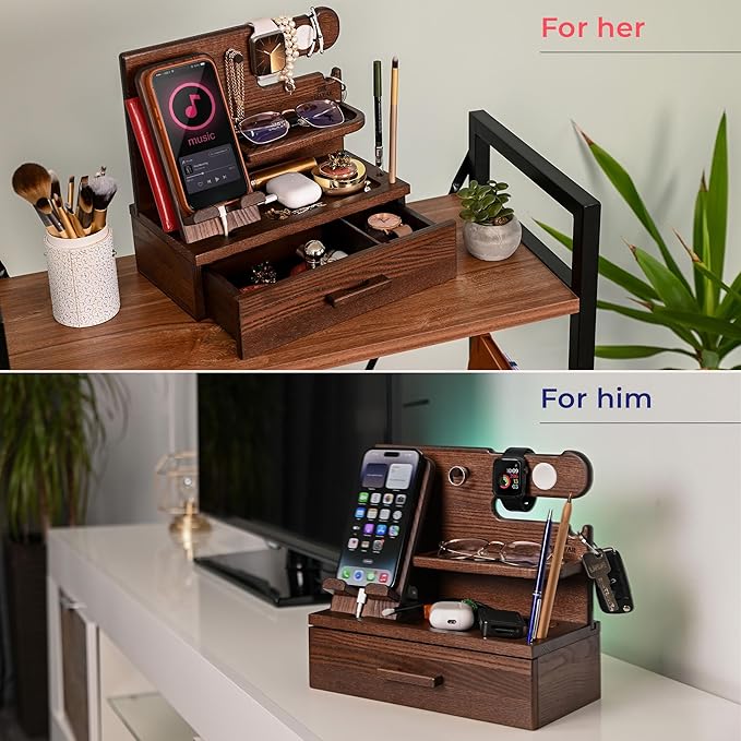 TESLYAR Wood Phone Docking Station with Drawer - Nightstand Organizer - Desk Organizer for Husband - Birthday Gifts for Men Dad Anniversary Idea Key Holder Stand Watch &amp Accessories (Bourbon Br