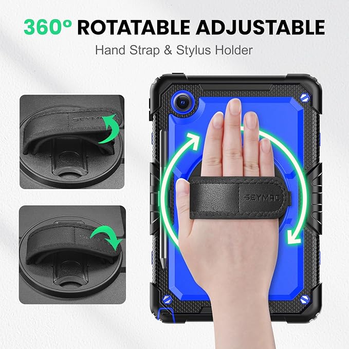 SEYMAC Case for Lenovo Tab M11/K11 11 Inch Heavy Duty Shockproof Protective Case with Screen Protector 360° Rotating Stand Hand/Shoulder Strap and Pen Holder Blue