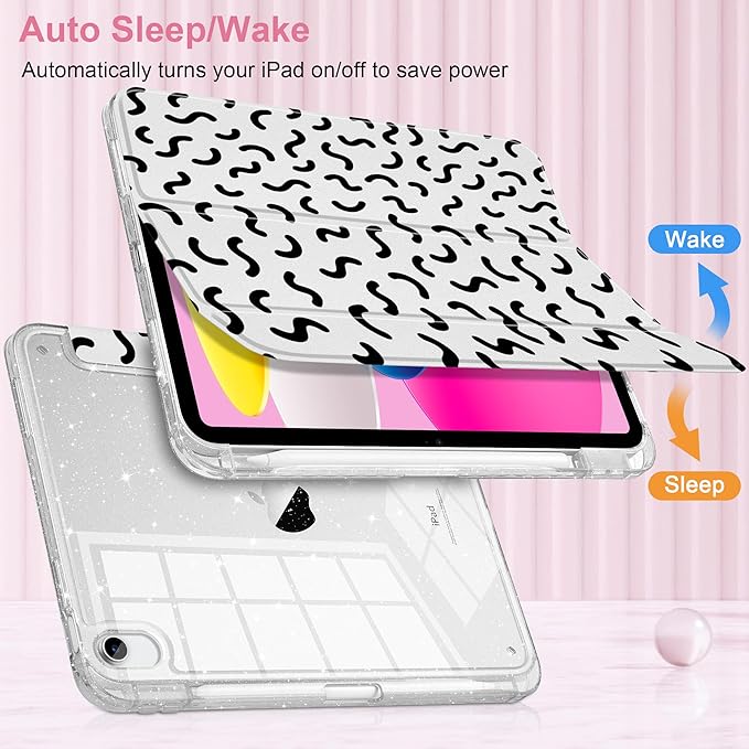 MEEgoodo Case for iPad A16 11th Generation 2025/10th Generation 2022 Glitter Tablet Cases with Transparent Acrylic Back+Trifold Stand +Pencil Holder+Auto Wake/SleepCartoon Line