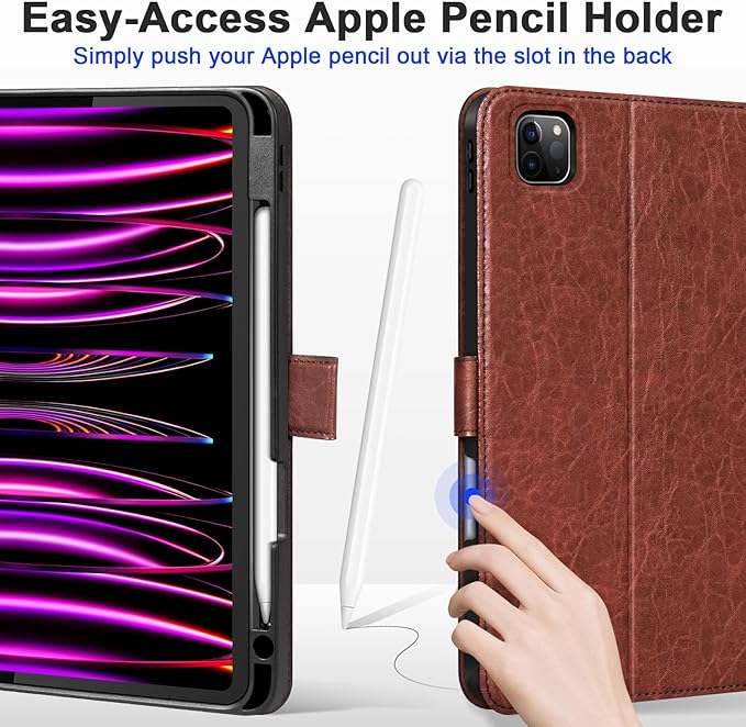 Genuine Leather Case for iPad Pro 11 Inch 4th-1st Gen 2022/2021/2020/2018 Premium Folio Cover with Pencil Holder Auto Wake/Sleep Adjustable Stand Wear-Resistant Protective Case-Red Brown
