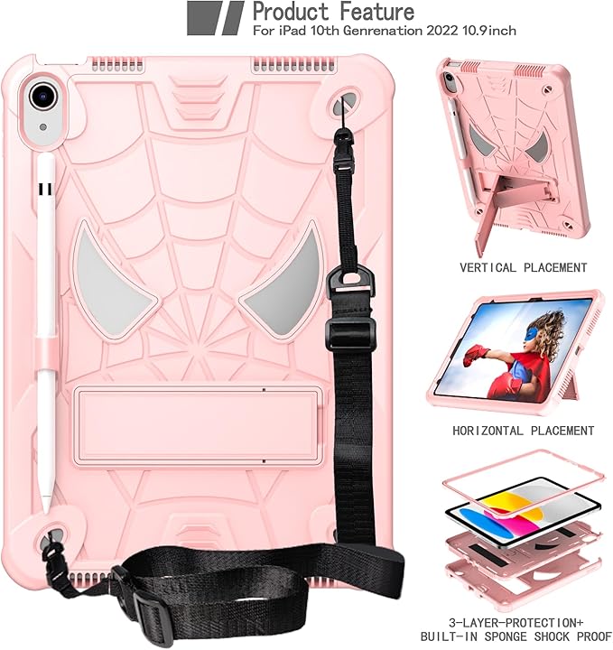 Dteck for iPad A16 Kids Case BoysCute Cartoon Spider Child Friendly Hard Kickstand Cover with Pencil Holder Shoulder Strap Shockproof Rugged Protective 10.9 10 Gen Cool CaseRosegold