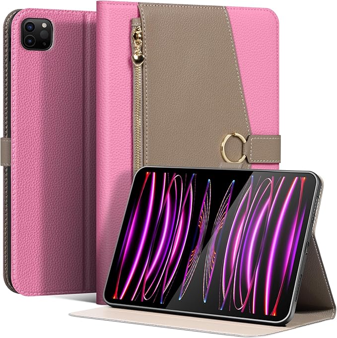 for iPad Pro 11 inch Case 2018-2022 Models Premium Microfiber Leather Protective Cover with Zippered Pocket Buckle ClosureAuto Wake/Sleep &amp Stand (Pink with Grey)