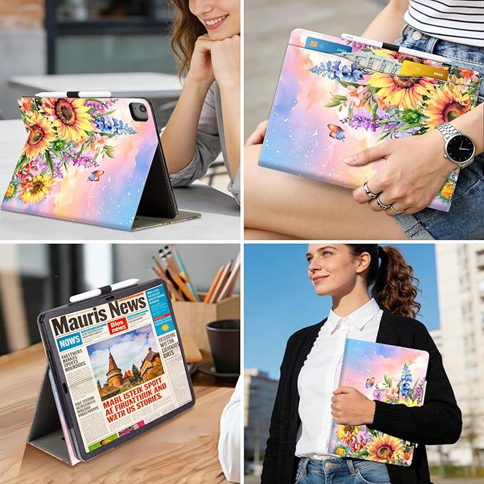 Lokigo Case for iPad Pro 13 Inch (M5/M4) for iPad Air 13 Inch (M4/M3/M2) for iPad Pro 12.9 Inch (6th/5th/4th/3rd) Gen Typing Stand Build with Pencil Holder/Card Pocket Auto Wake/Sleep Sunflower