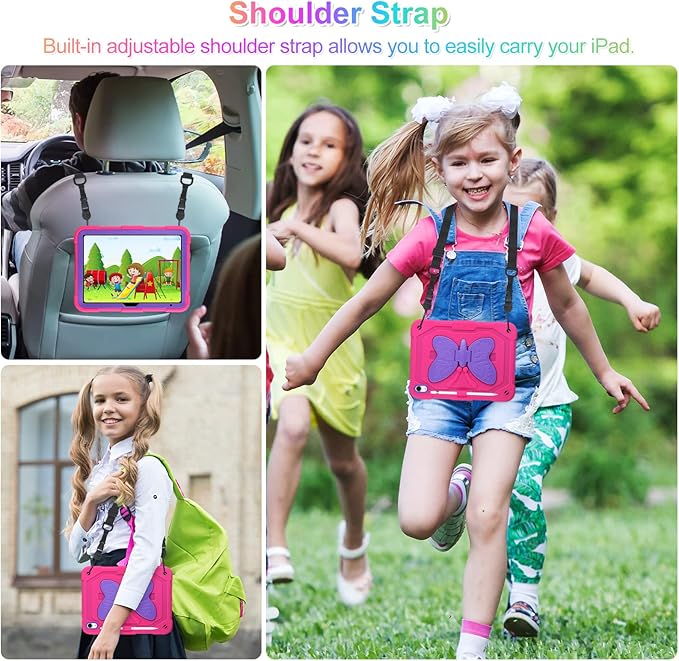 VOFUOE for iPad 10th Generation Case for Kids Girls 2022 10.9 for iPad A16 Case 11th Generation 2025 with Screen Protector Shoulder Strap Butterfly Wings Stand Pencil Holder Rugged Cover-Rose Red