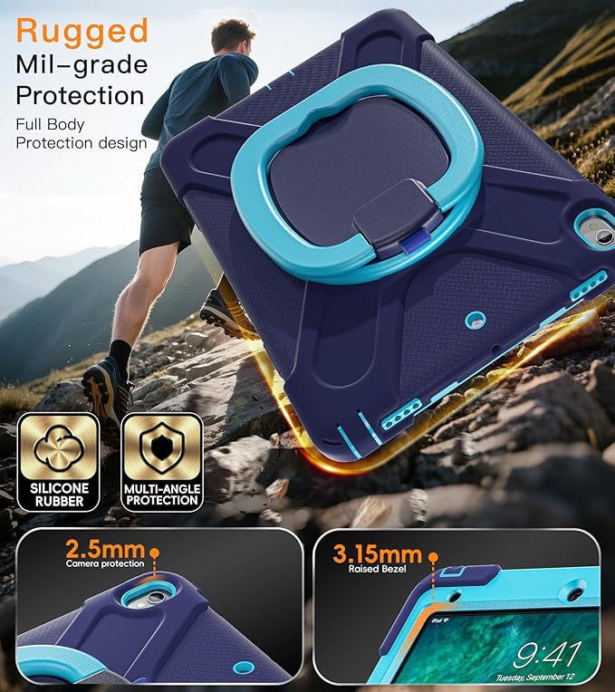 BATYUE iPad Air 3rd Generation Case 2019 / iPad Pro 10.5 inch Case 2017 Rugged Heavy Duty Protective Cover with Pencil Holder 360° Swivel Stand Shoulder Strap for Kids (Navy Blue+Blue)